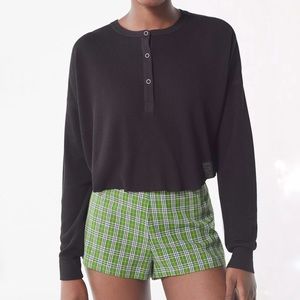 Urban Outfitters Out From Under Emmy Cropped Henley Top Black Long Sleeve
